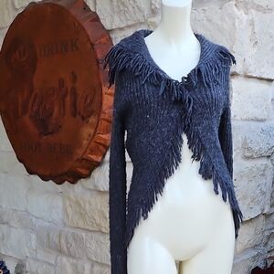 Boho Telluride Clothing Fringed Wool Blend Knit Charcoal Hippie Cardigan M